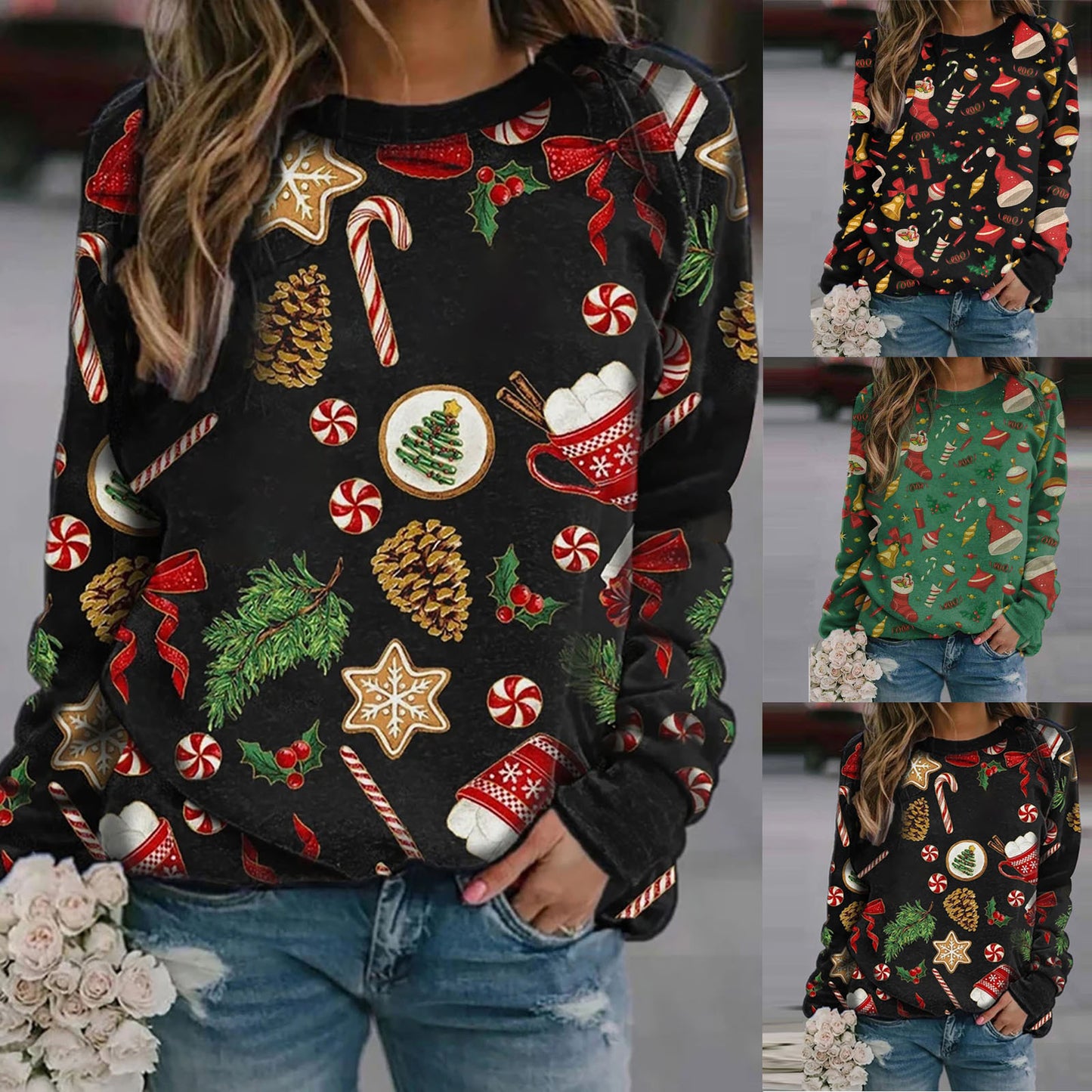 Christmas Round Neck Long Sleeve Fleece Sweater