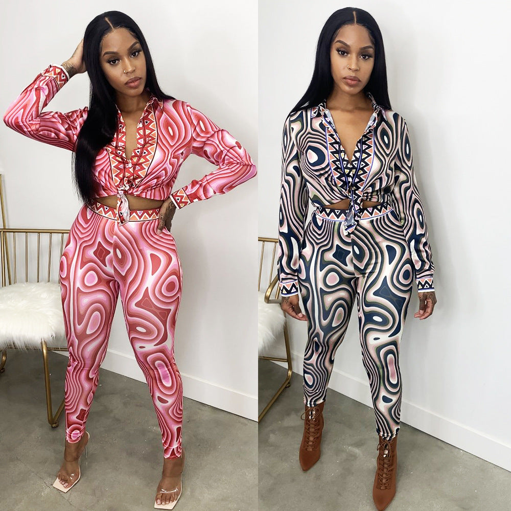 Printed Long Sleeve Tight Casual Suit