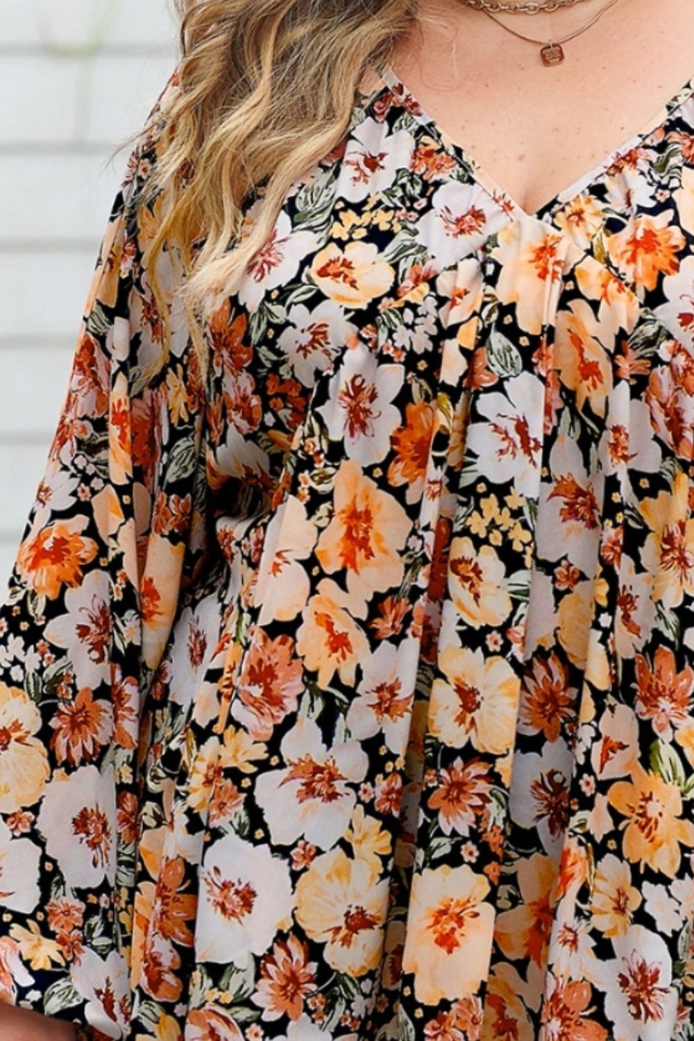 Floral V-Neck Balloon Sleeve Plus Blouse