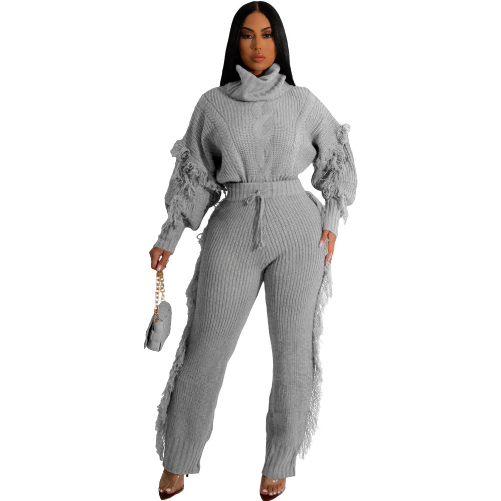 Knitted Long Sleeve Turtleneck Tassel Suit