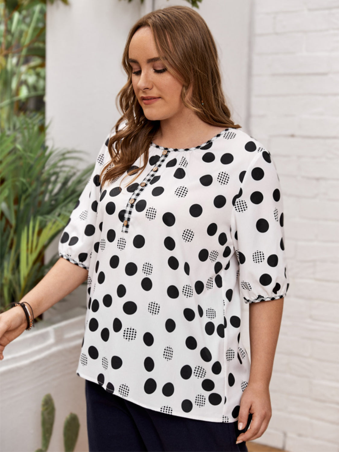 Polka Dot Round Neck Half Sleeve Plus Blouse