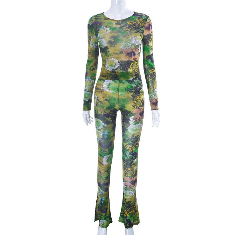 Mesh Printed Tight Top And Trousers Suit