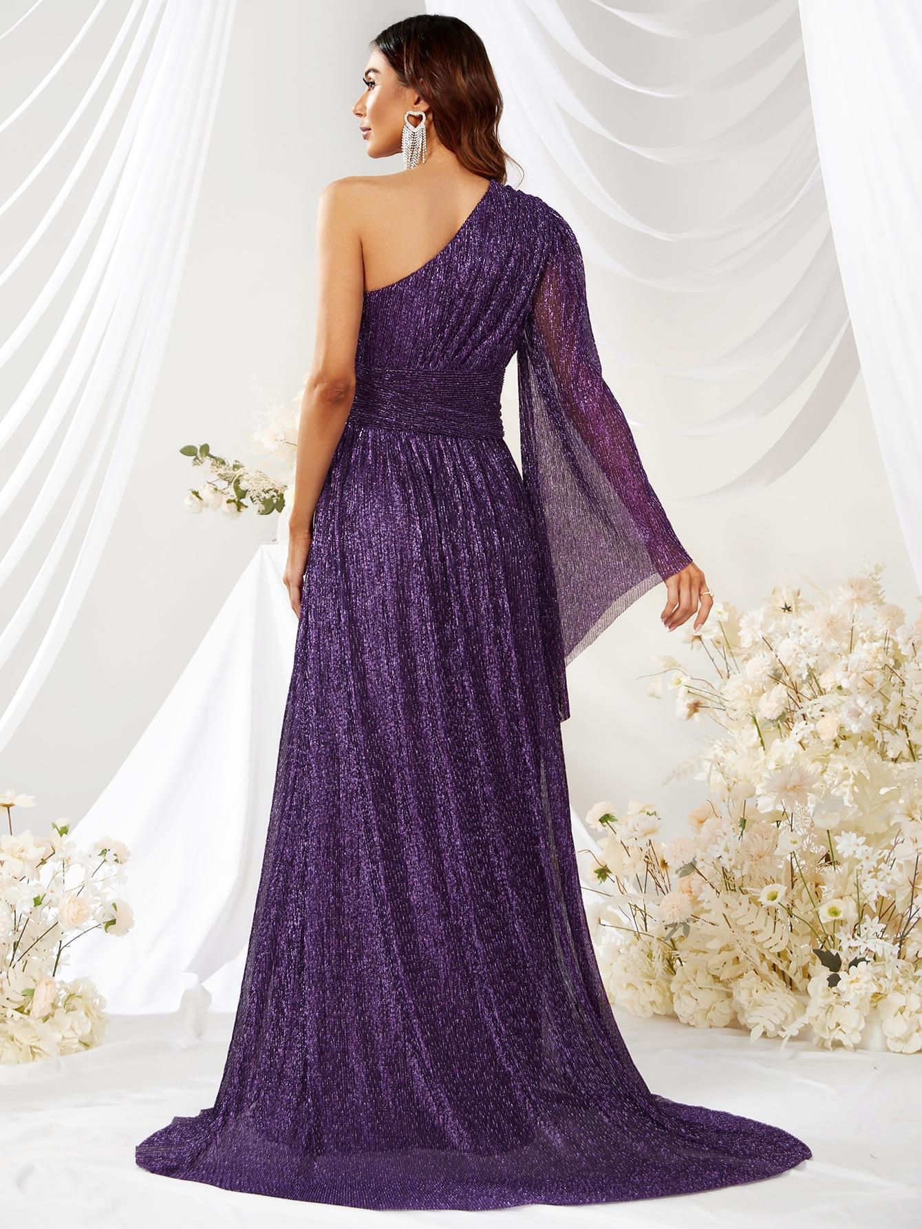 Purple Oblique Shoulder Bright Silk Long Dress