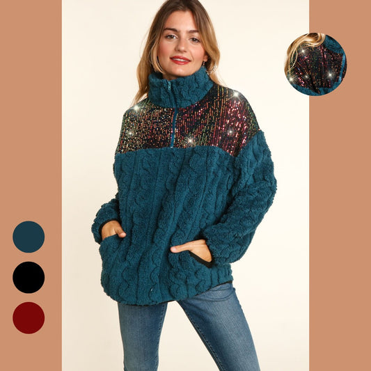 Sequin Plush Turtleneck Sweater