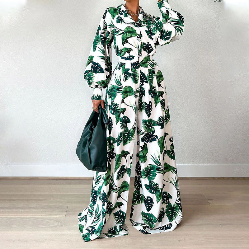 Leafy Loose Long Sleeve Printed Trousers Suit