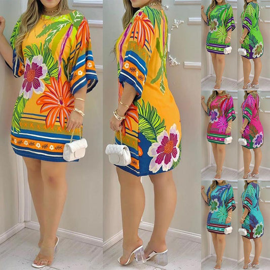 Women's Round-neck Tropical Printing Half-sleeved Casual Dress