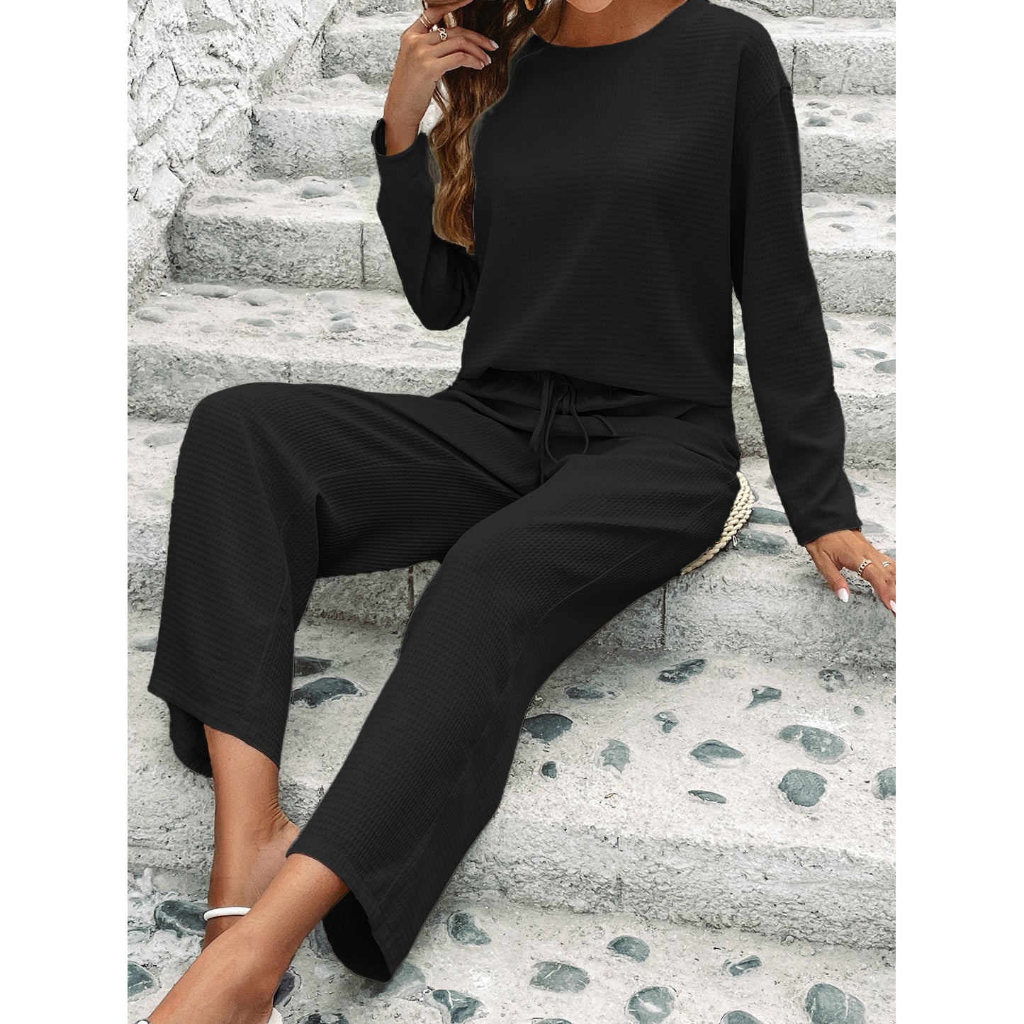 Long Sleeved Top And  Pants Polyester Two-piece Set