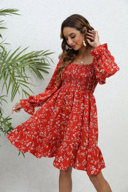 Red Floral Long Sleeve Mid-Length Dress