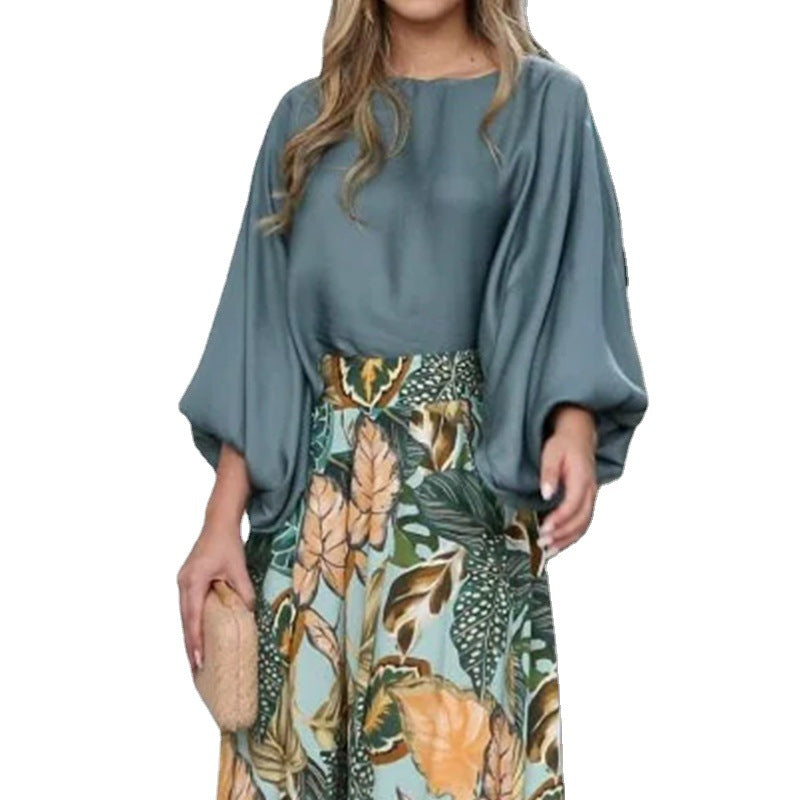 Lantern Sleeve Printed Top Wide Leg Pants Two-piece Set