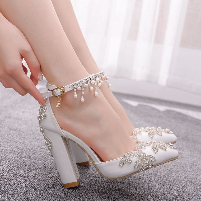 White Pointed Crystal Chunky Heels