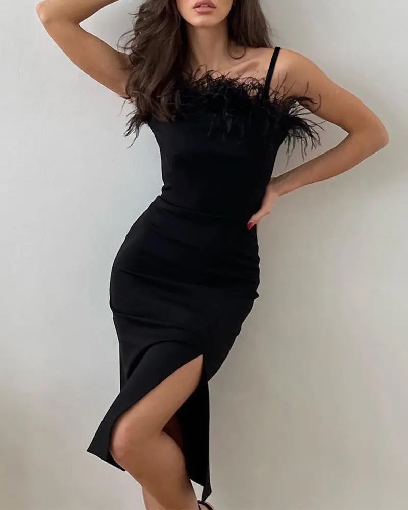 Feather Trim High Slit Party Dress