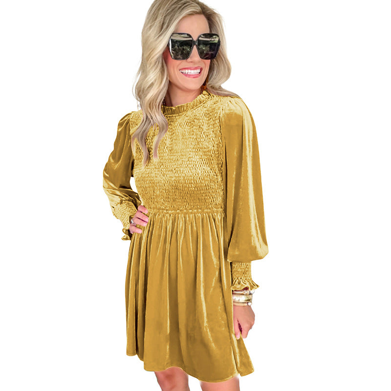 Velvet Smocking Long Sleeve Dress