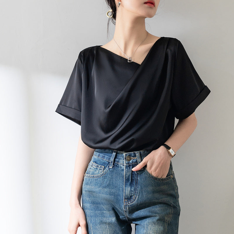 V-neck Short-sleeved Drape Chiffon Shirt