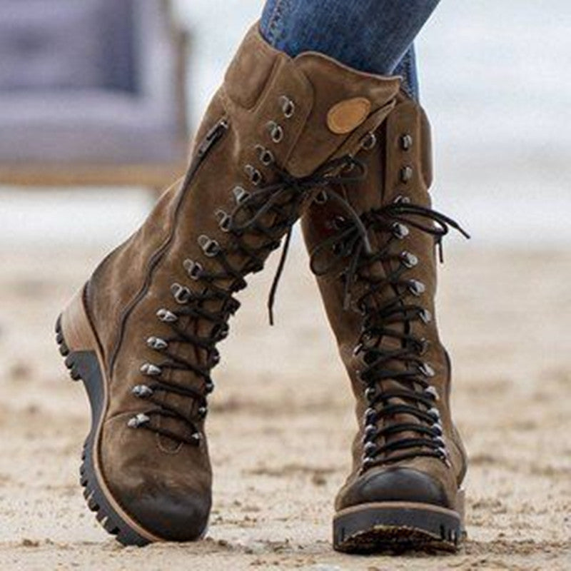 Lace Up Mid Sleeve Leather Boots