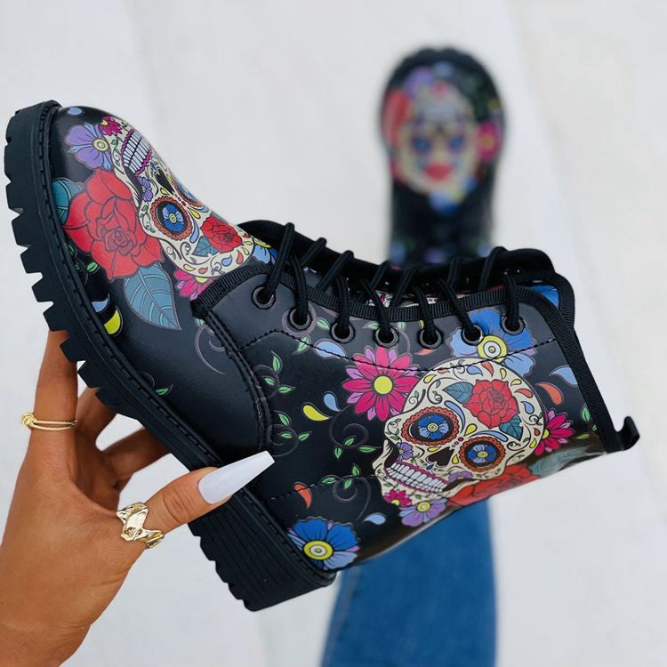 Skull Printed Ankle Boots