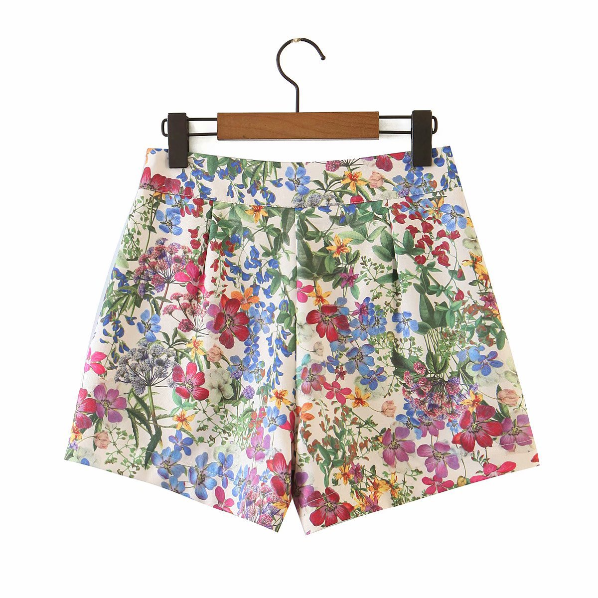 High waist side zip design floral print shorts