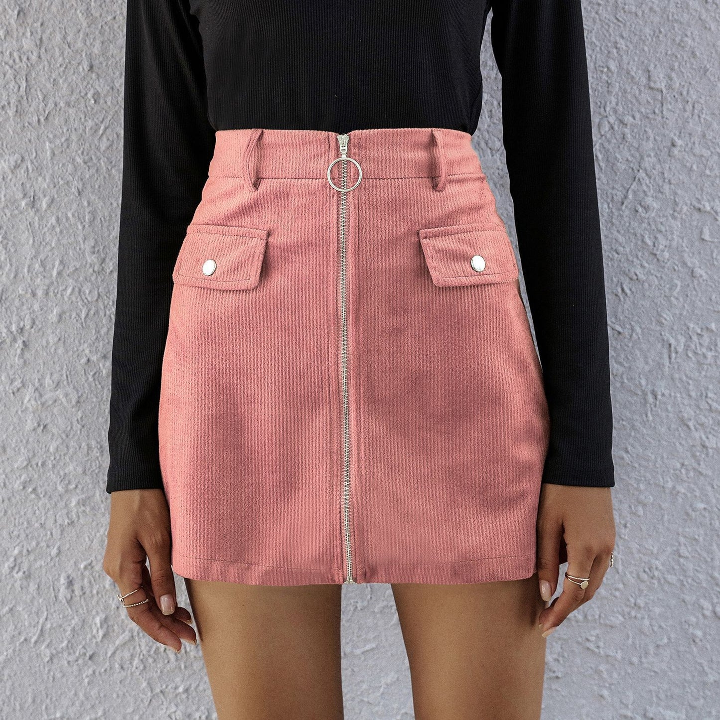 Front Zipper High Waist A-line Skirt