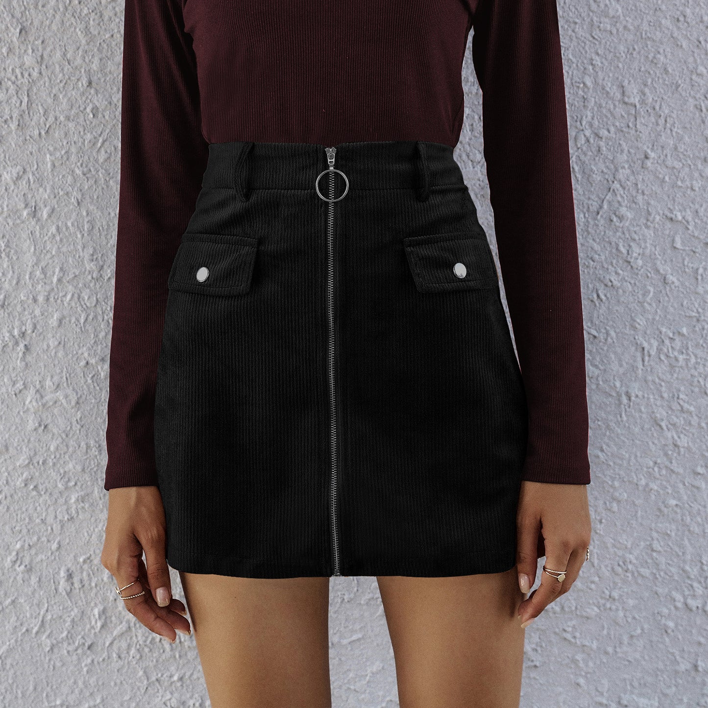 Front Zipper High Waist A-line Skirt