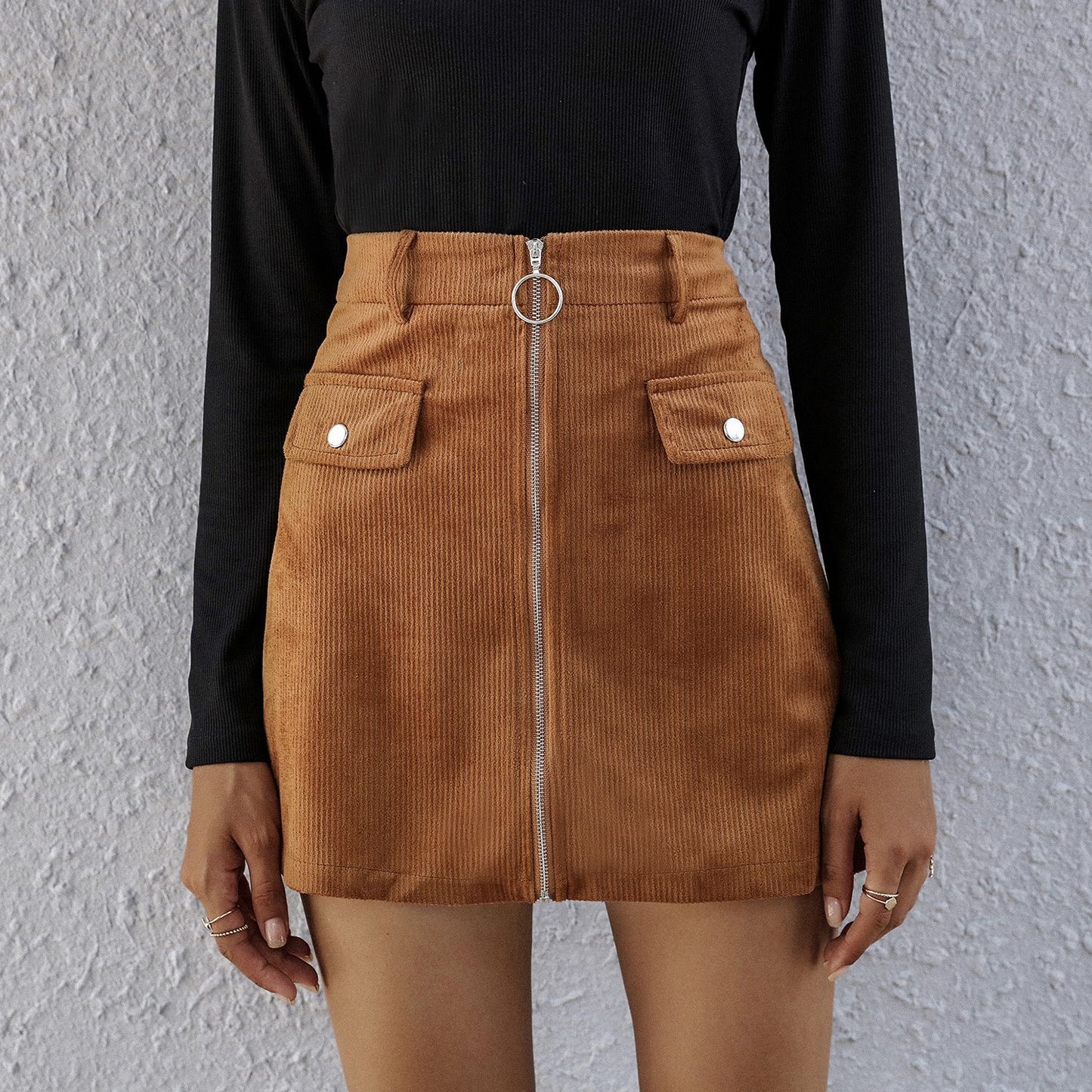 Front Zipper High Waist A-line Skirt