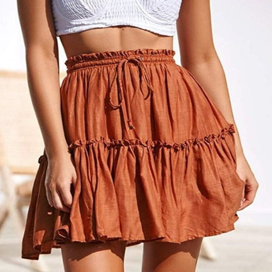 Bohemian Print Lace-up Pleated Ruffle Skirt