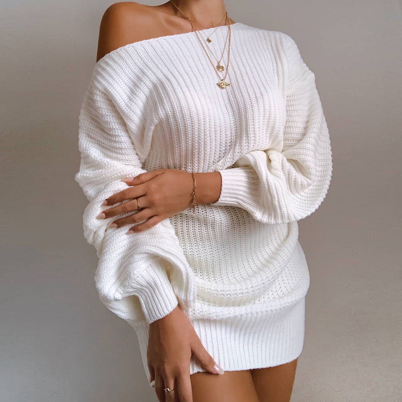 Off Shoulder Knitted Sweater Dress