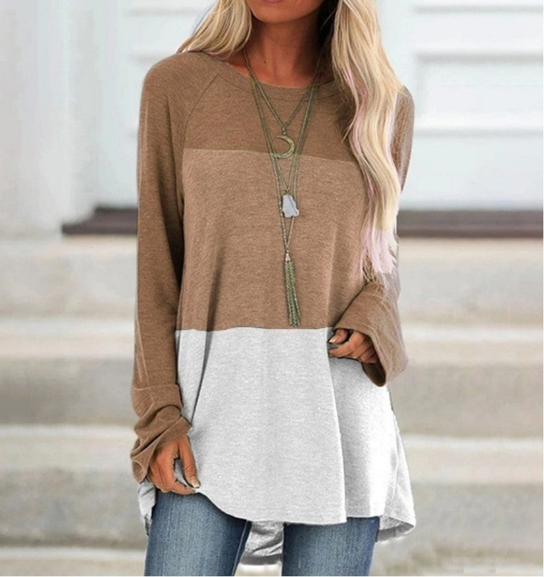 Long Sleeved Round Neck Stitching Casual Shirt