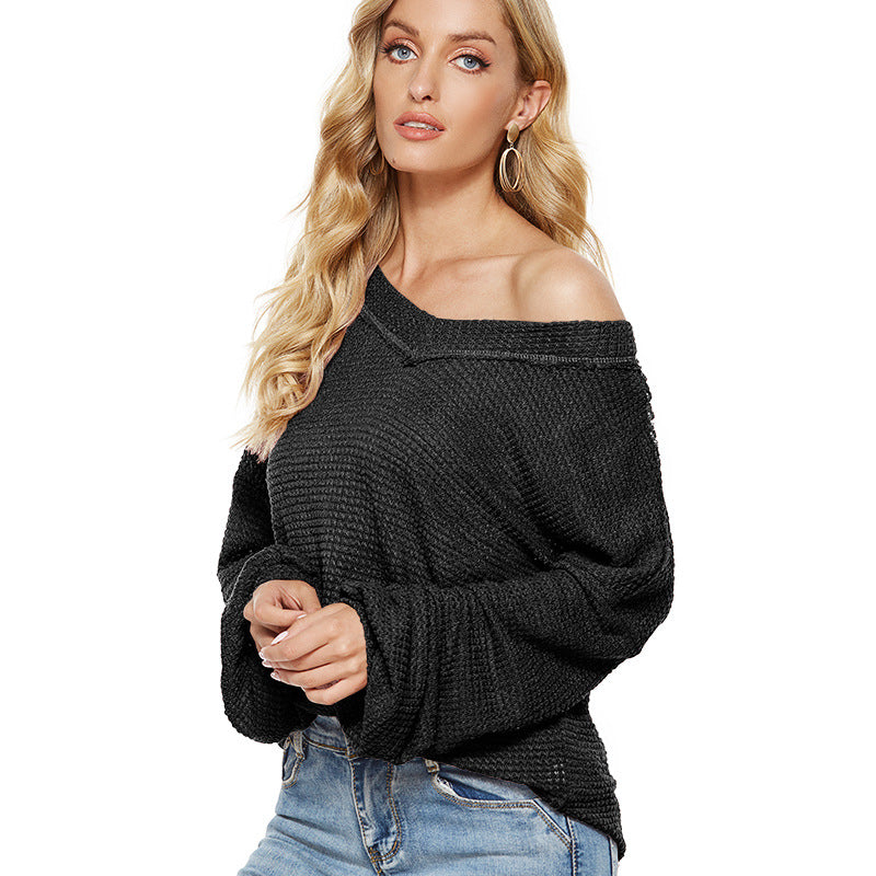 Loose V-neck Knit Sweater Lantern Sleeve Top