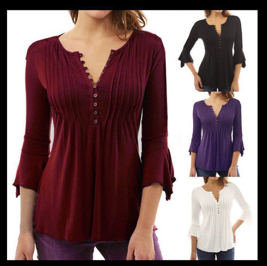 Three-Quarter Flared Sleeves V-Neck