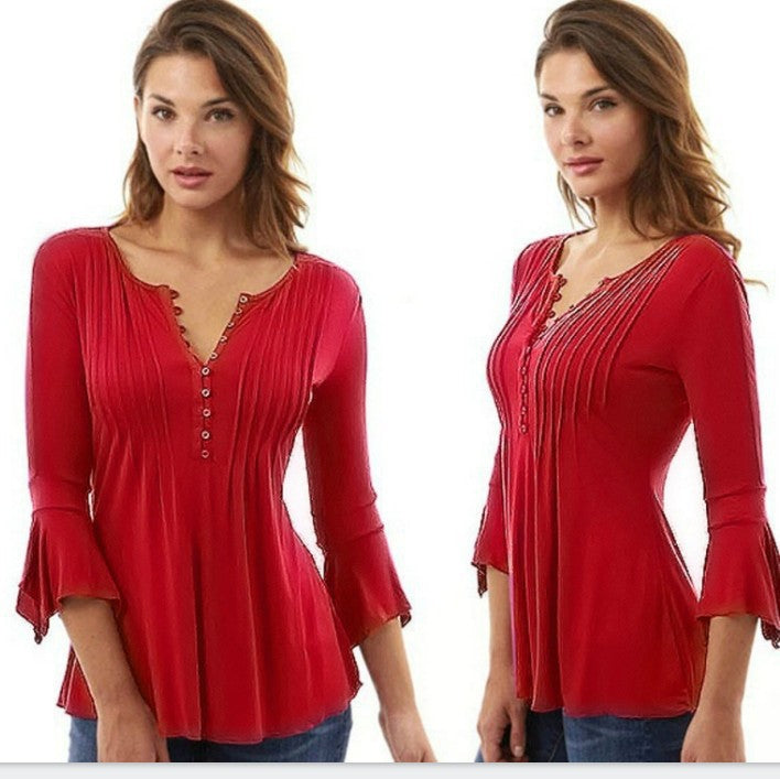 Three-Quarter Flared Sleeves V-Neck