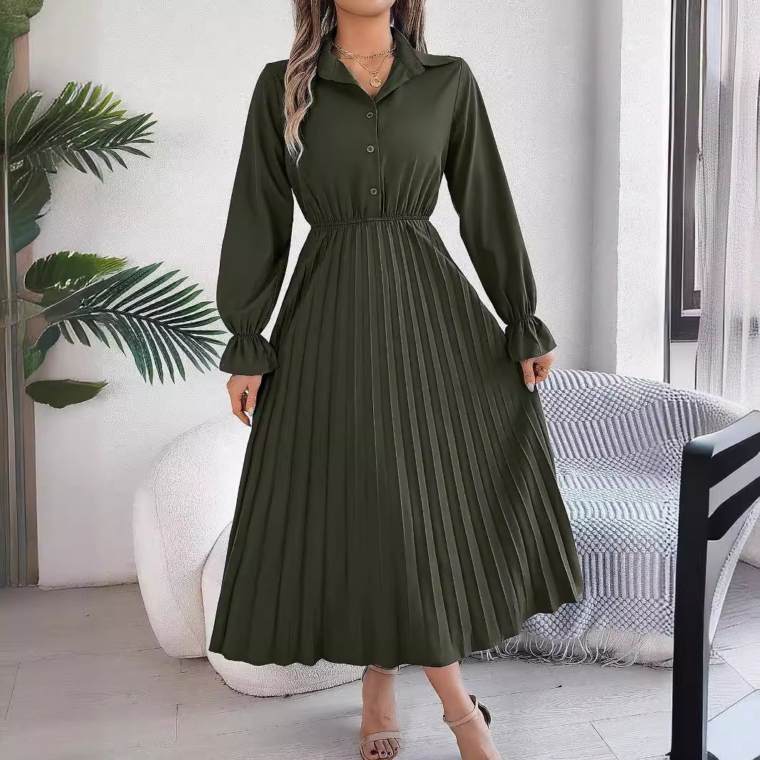 Long Sleeve Cinched Pleated Dress