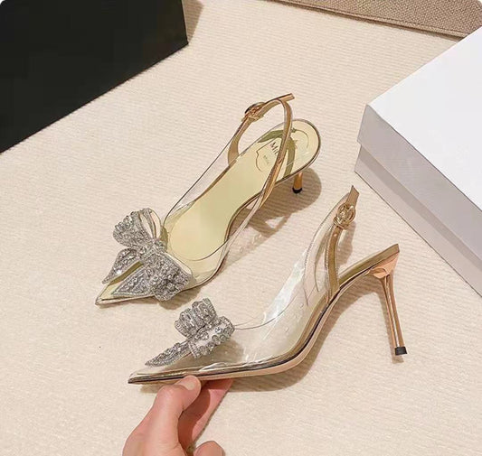 Women's Pointed Toe Rhinestone Bow Stiletto Sandals