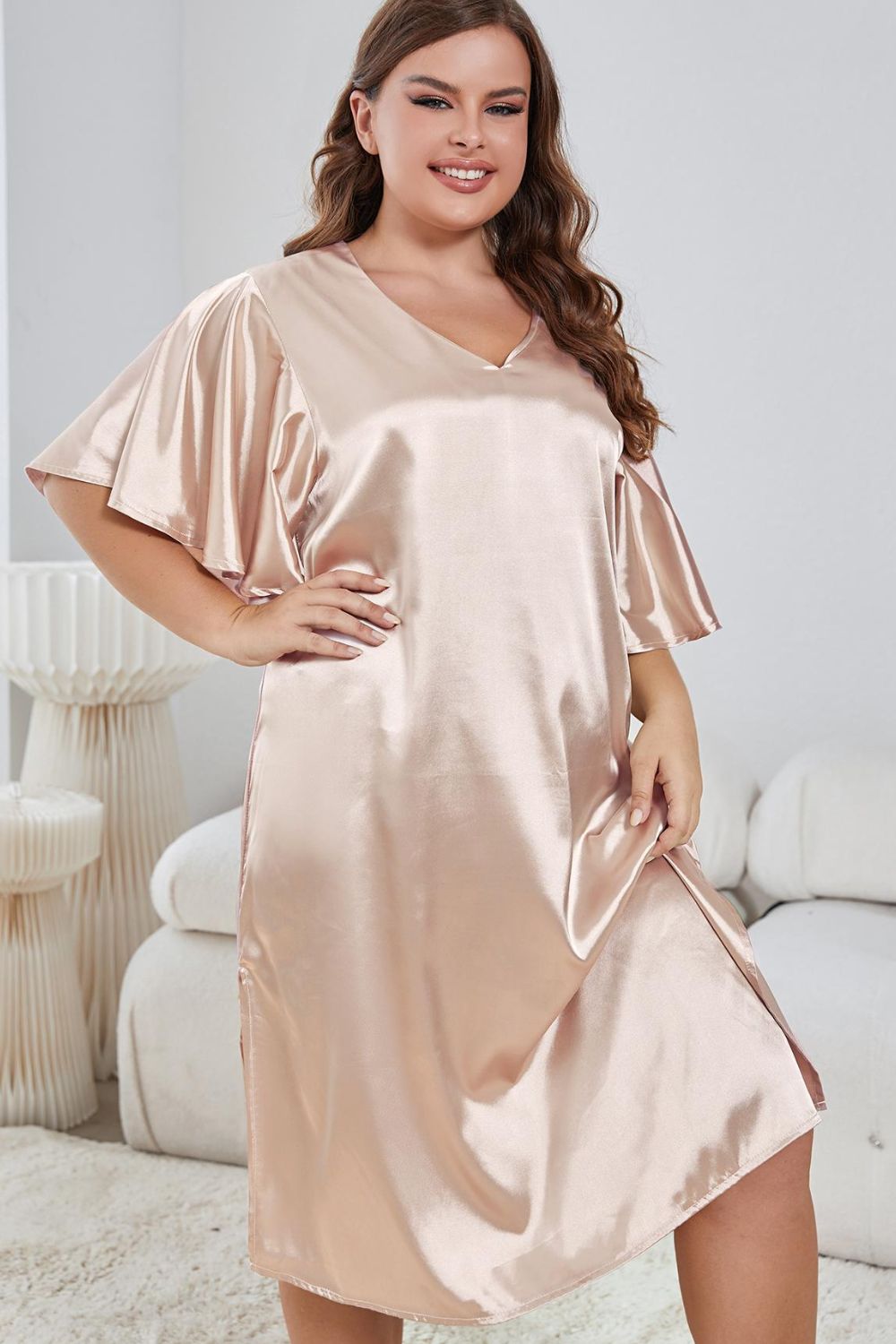 Flutter Sleeve Plus V-Neck Side Slit Night Gown