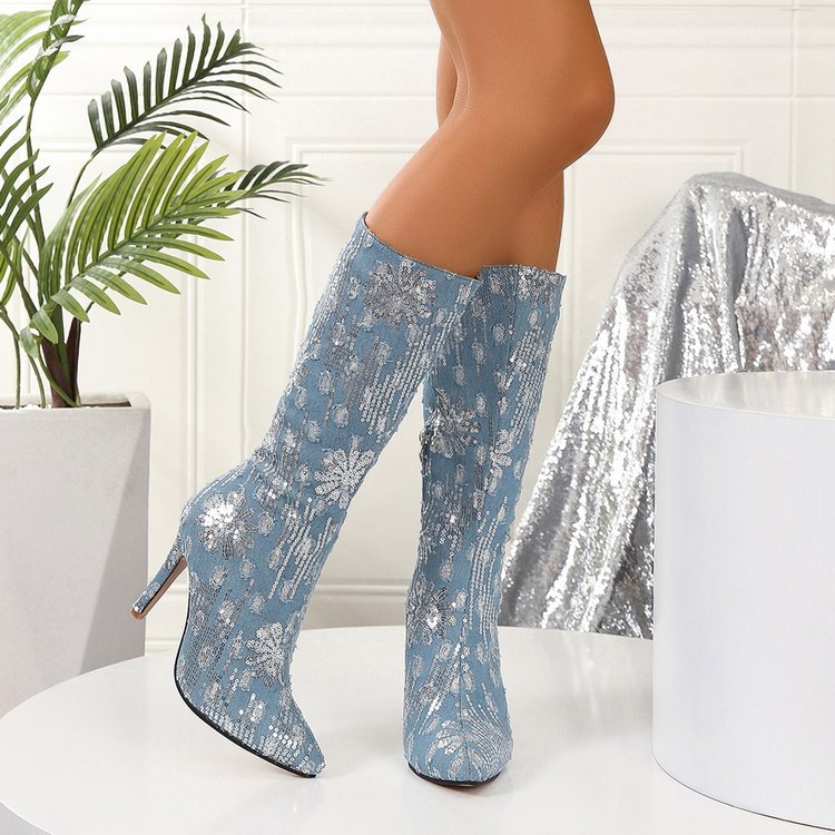 Sequins Flower Denim Boots