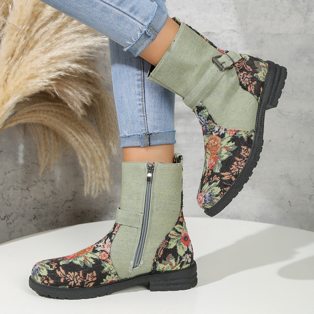 Flowers Print Ankle Boots Women With Belt Buckle