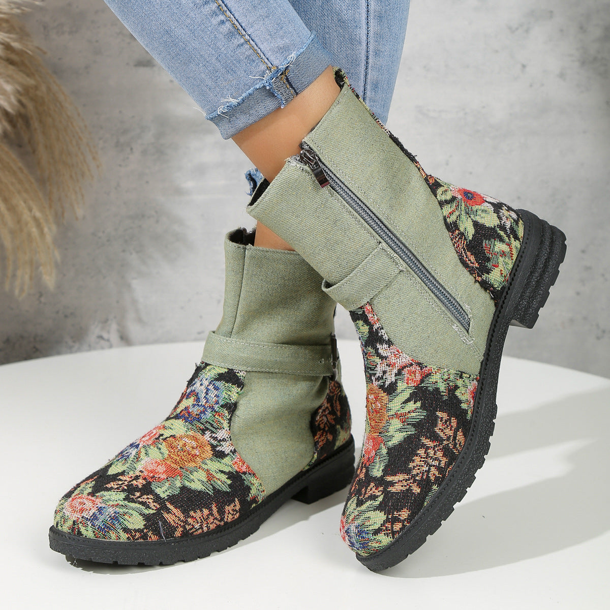 Flowers Print Ankle Boots Women With Belt Buckle