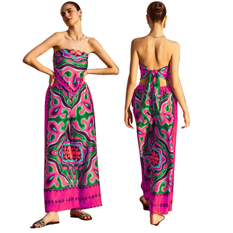 Printed Tube Top Apron Trousers Suit