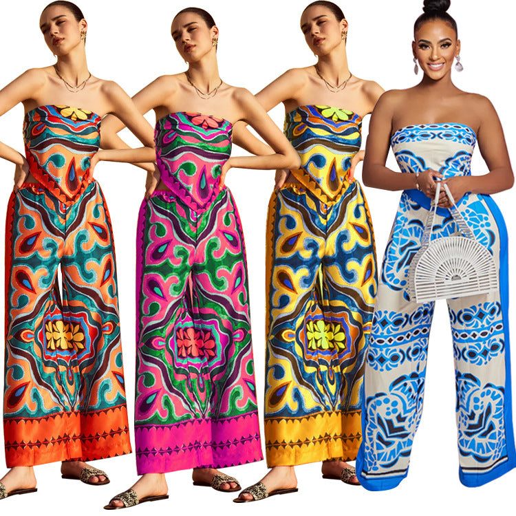 Printed Tube Top Apron Trousers Suit