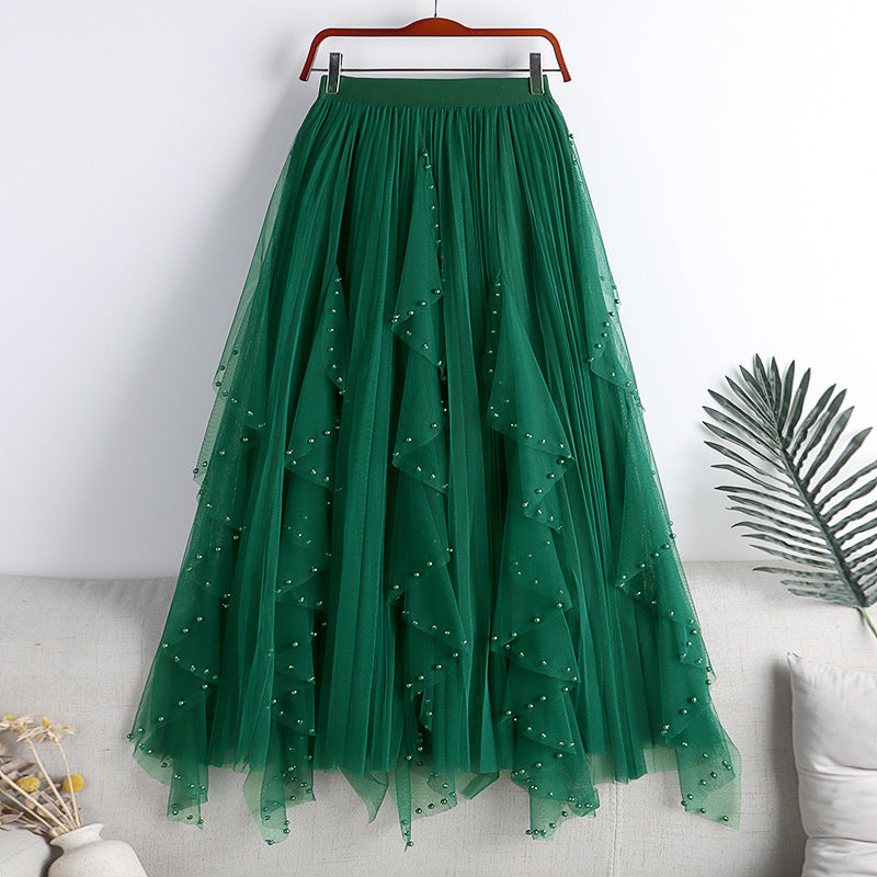 Mesh Beaded + Rhinestone Long A- Line Skirt