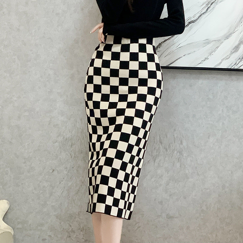 Chessboard Plaid Knitted Skirt