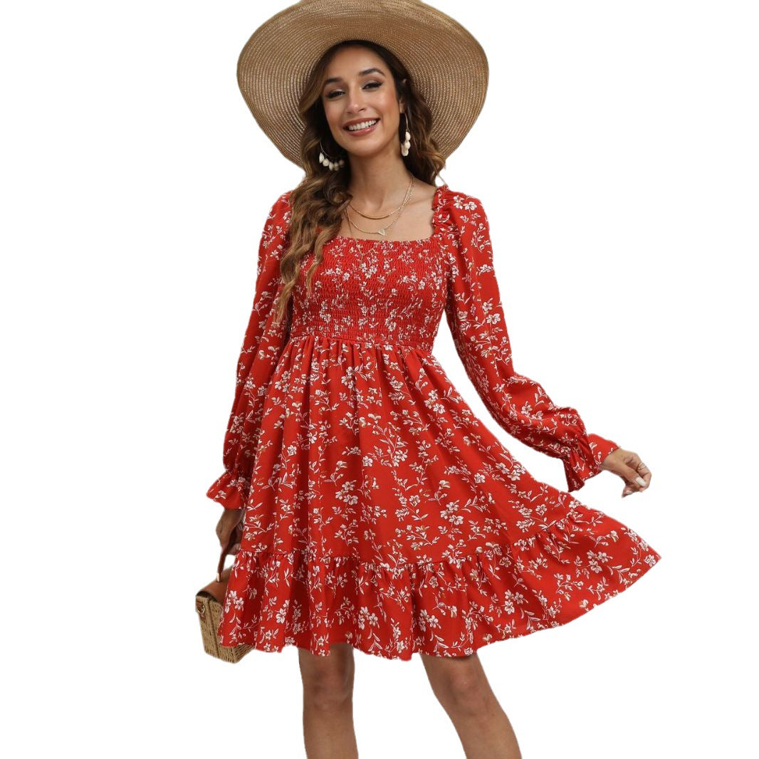 Red Floral Long Sleeve Mid-Length Dress