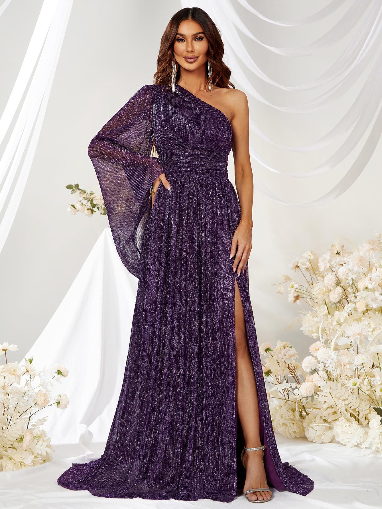 Purple Oblique Shoulder Bright Silk Long Dress