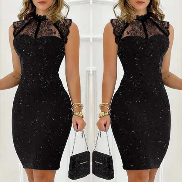 Paillette Sleeveless Lace Short Fitted Dress