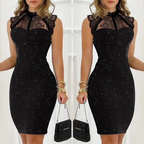 Black Paillette Sleeveless Lace Dress