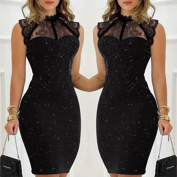 Black Paillette Sleeveless Lace Dress