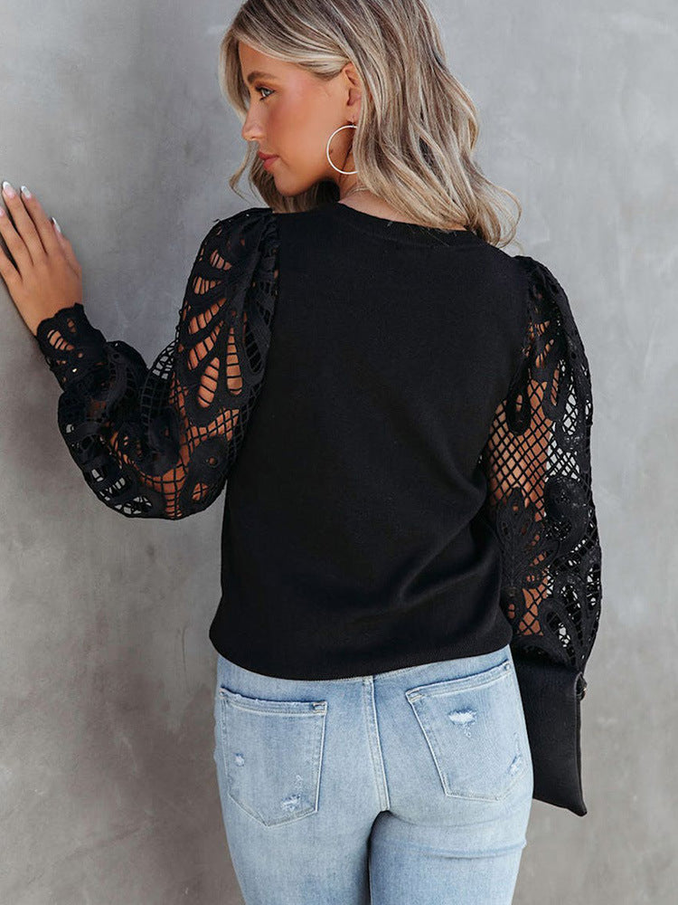 Lace Stitching Hollow Sleeve Round Neck Sweater