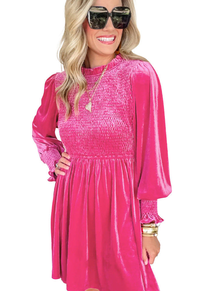 Velvet Smocking Long Sleeve Dress