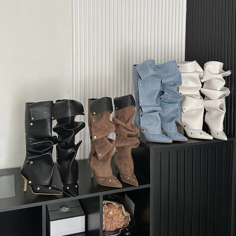 Pleated Denim Pile Style Boots