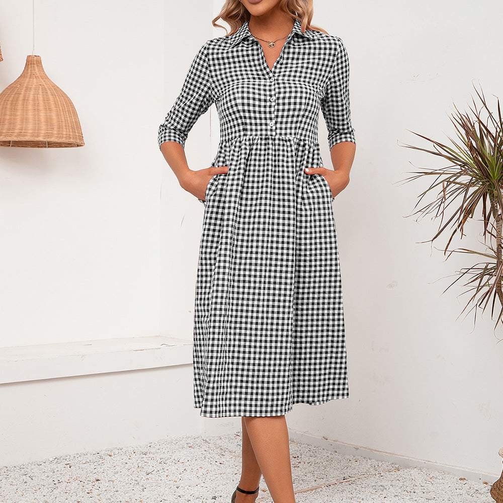 Loose Casual Mid-length Plaid Shirt Dress