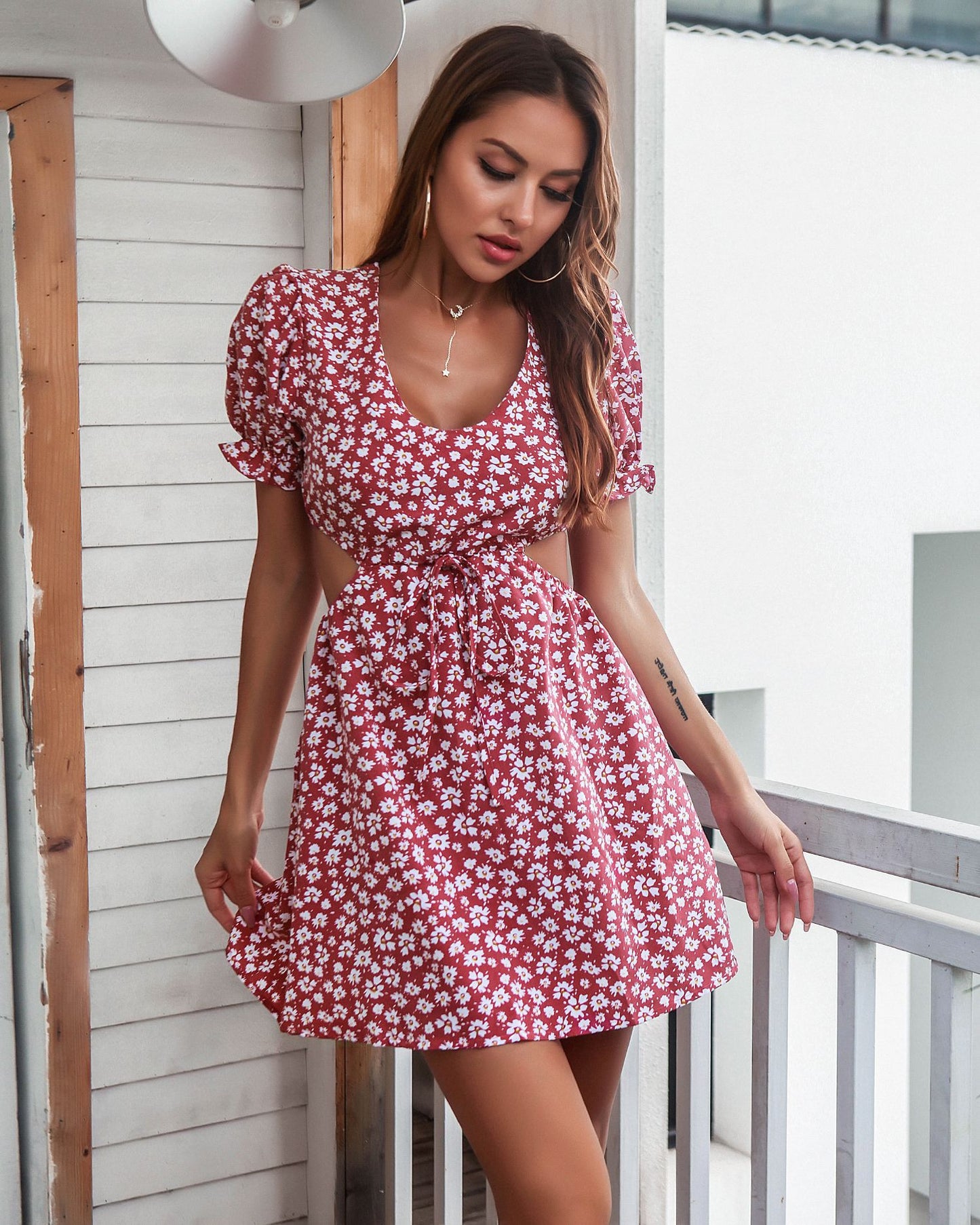 Puff Sleeve Midriff Floral Dress