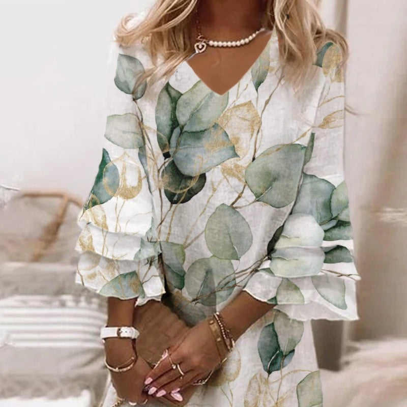 Flared Sleeves Collar Dress Printed Dress